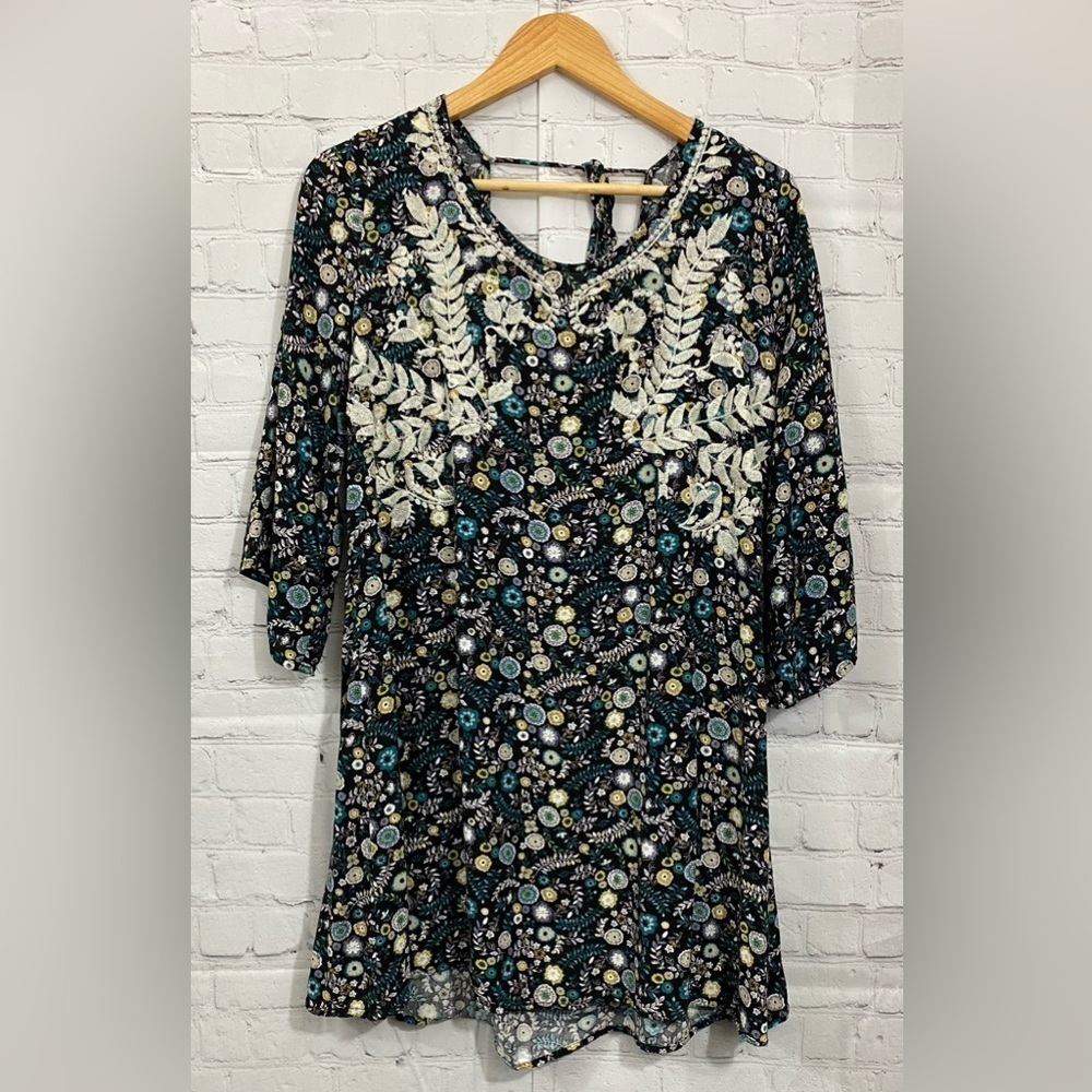 Xhilaration Womens Size Large Navy Floral Embroidered Front Back Neck Tie Dress